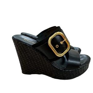 Toscanella Sandals Womens 6 Wedge Platform Slide Black Leather Casual Buckle